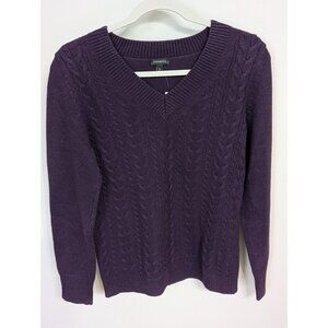 Talbots Lambswool Blend Cable Knit Fisherman V neck Sweater Size M Purple